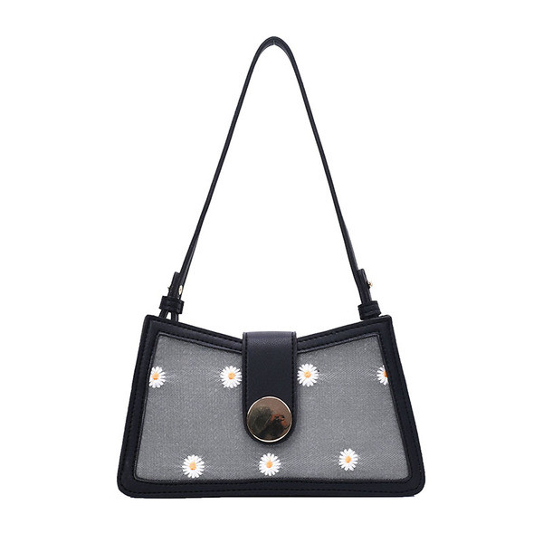 Kövekkel és hímzéssel díszített női táska rövid fogantyúval és fém csattal