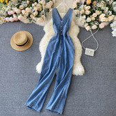 Ikdienas sieviešu džinsa kombinezons ar špica kakla izgriezumu un pogām