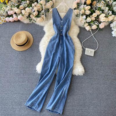 Ikdienas sieviešu džinsa kombinezons ar špica kakla izgriezumu un pogām