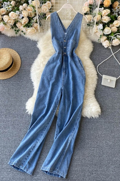 Ikdienas sieviešu džinsa kombinezons ar špica kakla izgriezumu un pogām