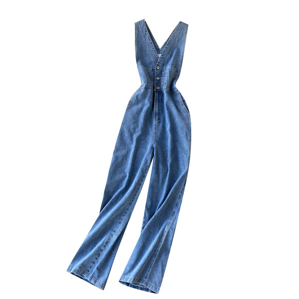 Ikdienas sieviešu džinsa kombinezons ar špica kakla izgriezumu un pogām