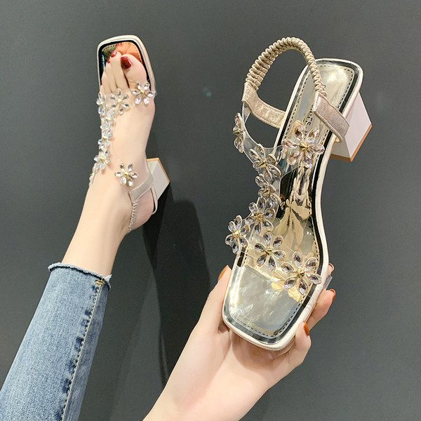 Női köves szandál 6 cm vastag sarokkal