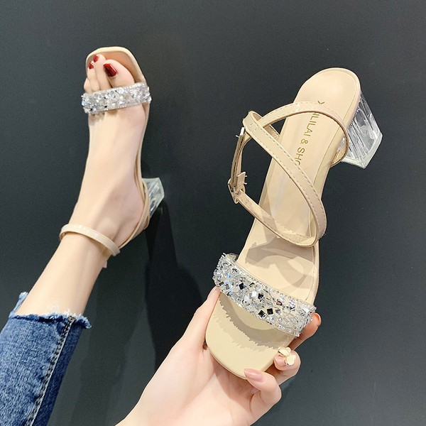 Modernas sieviešu sandales ar akmeņiem un 6,5 cm biezu papēdi