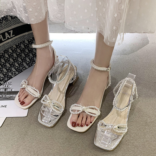 Stilīgas sieviešu sandales ar pērlēm un 5,5 cm biezu papēdi