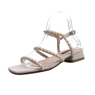 Sieviešu sandales ar pērlēm un zemu papēdi