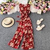 Moderns sieviešu garais kombinezons ar ziedu rakstu un jostasvietu