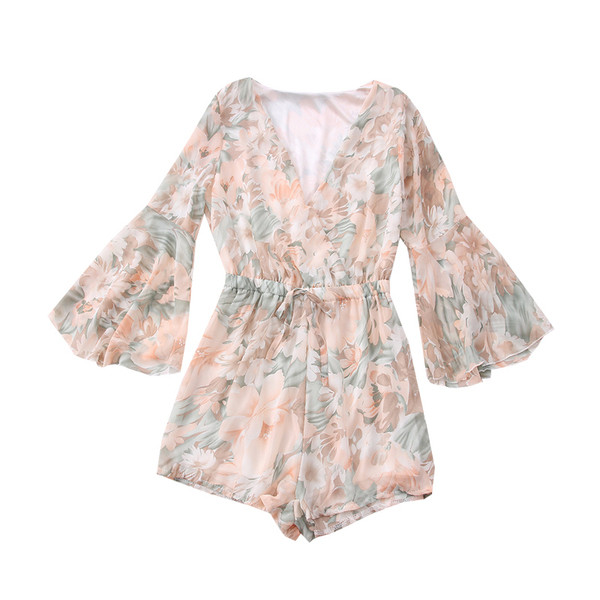 Jauna modeļa īss sieviešu kombinezons ar lotosa piedurknēm un špica kakla izgriezumu