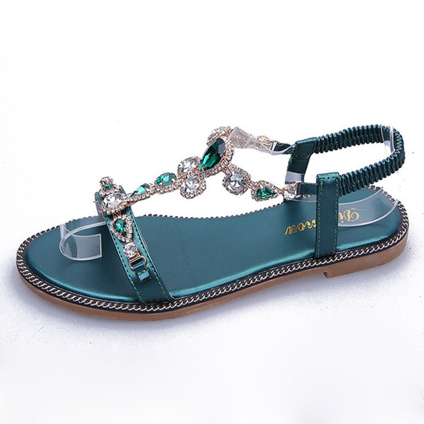 Ikdienas sieviešu sandales ar akmeņiem trīs krāsās un plakanu zoli