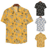 Vasaras vīriešu krekls ar klasisku apkakli, īsām piedurknēm un ziedu rakstu