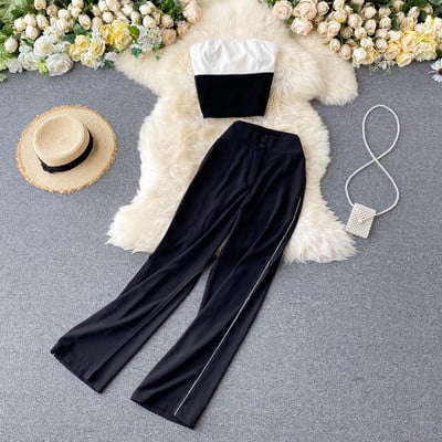 Moderan ženski komplet dugih hlača i poprsja u crnoj boji