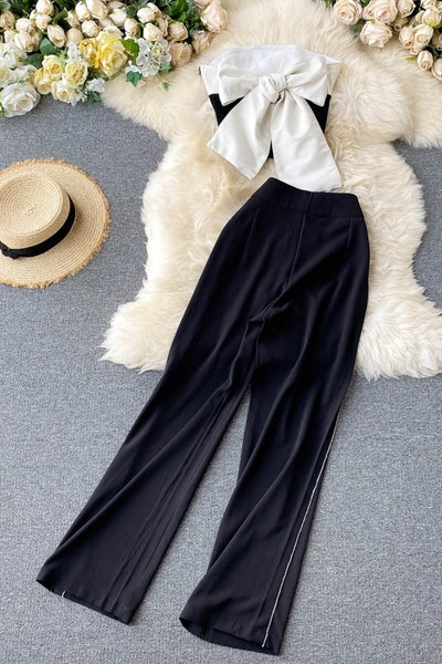 Moderan ženski komplet dugih hlača i poprsja u crnoj boji