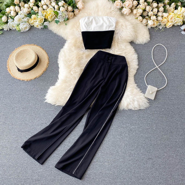 Moderan ženski komplet dugih hlača i poprsja u crnoj boji