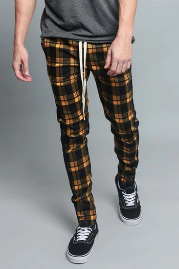 Модерен мъжки дълъг кариран панталон с връзки 