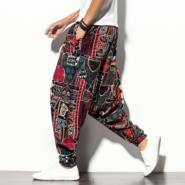 Široke muške hlače s džepovima i uzorkom