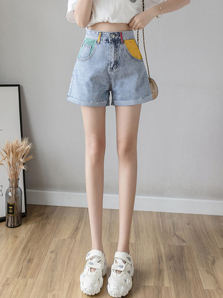 Īsi sieviešu džinsi ar augstu vidukli un krāsainām kabatām