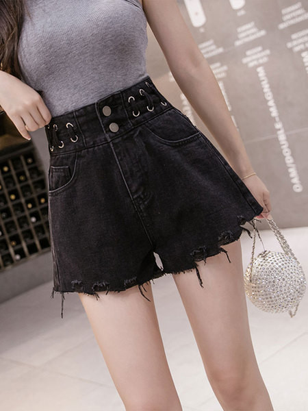 Sieviešu īsi sieviešu džinsi ar augstu vidukli un saplēstu motīvu