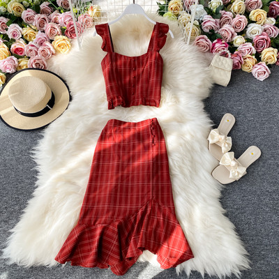 Moderns sieviešu svārku komplekts un īss tops ar lencēm