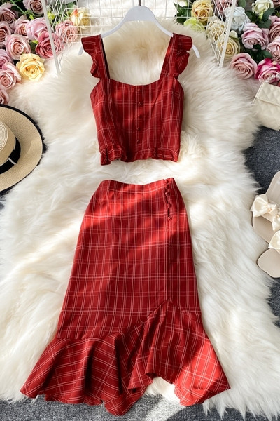 Moderns sieviešu svārku komplekts un īss tops ar lencēm