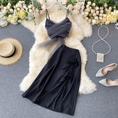 Moderns sieviešu svārku komplekts un īss tops ar tillu un plānām lencītēm