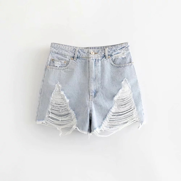 Jauns sieviešu džinsa šortu modelis ar saplēstiem motīviem zilā krāsā