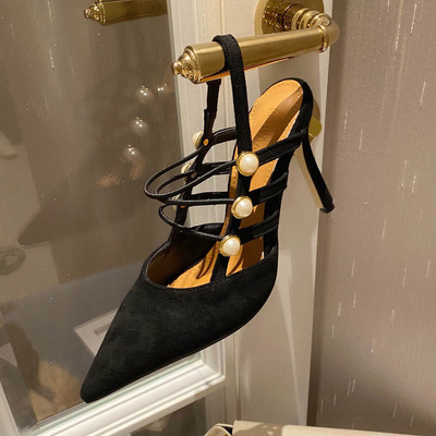 Sieviešu zamšādas sandales smails raksts ar pērļu rotājumu