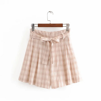 Jauna modeļa rūtainas sieviešu bikses ar jostu un augstu vidukli