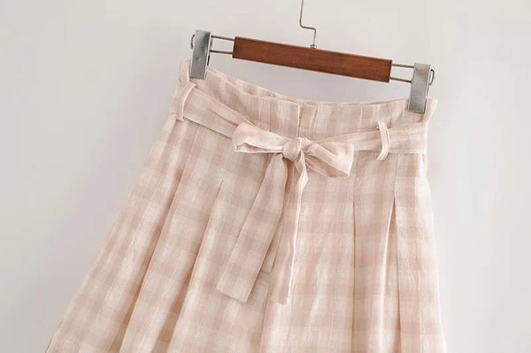 Jauna modeļa rūtainas sieviešu bikses ar jostu un augstu vidukli