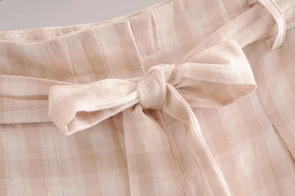 Jauna modeļa rūtainas sieviešu bikses ar jostu un augstu vidukli