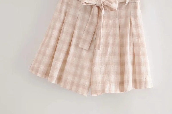 Jauna modeļa rūtainas sieviešu bikses ar jostu un augstu vidukli