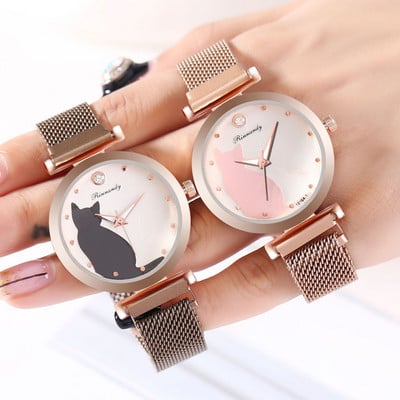 Дамски часовник с метална каишка и изображение котка 