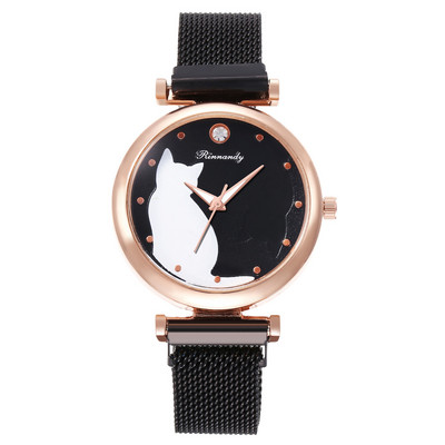 Sieviešu pulkstenis ar metāla siksniņu un kaķa attēlu