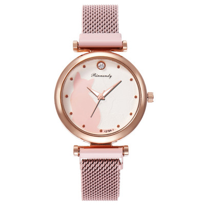 Sieviešu pulkstenis ar metāla siksniņu un kaķa attēlu