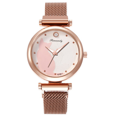 Sieviešu pulkstenis ar metāla siksniņu un kaķa attēlu