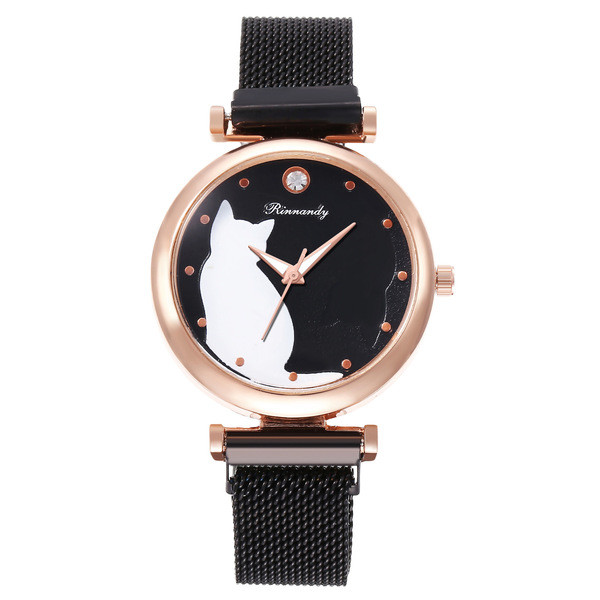 Sieviešu pulkstenis ar metāla siksniņu un kaķa attēlu