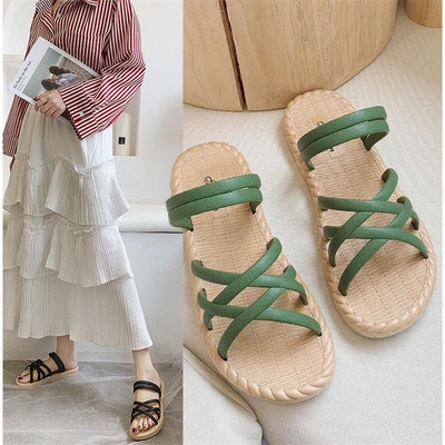 Women`s sandals with flat sole made of eco leather in several colors