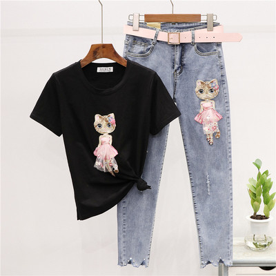 ÚJ modell kétrészes póló + hosszú farmer női szett