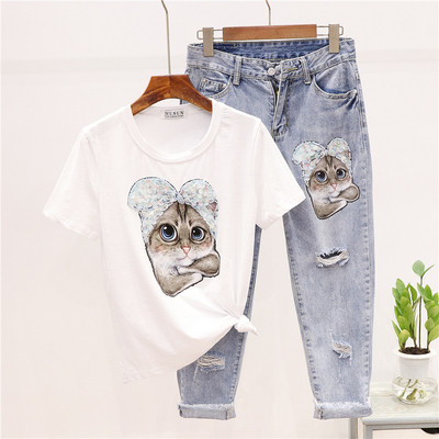 ÚJ modell női kétrészes hosszú farmer szett + rátéttel ellátott póló