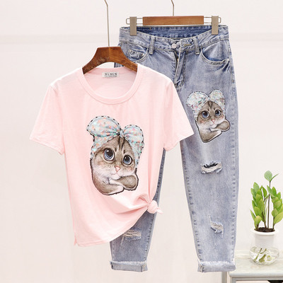 ÚJ modell női kétrészes hosszú farmer szett + rátéttel ellátott póló