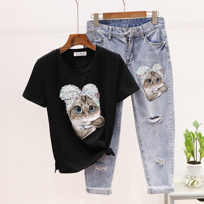 ÚJ modell női kétrészes hosszú farmer szett + rátéttel ellátott póló