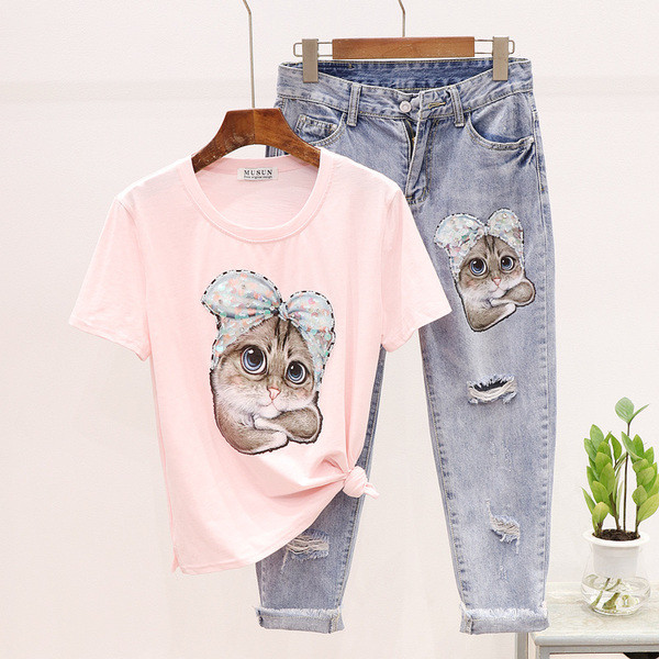 ÚJ modell női kétrészes hosszú farmer szett + rátéttel ellátott póló