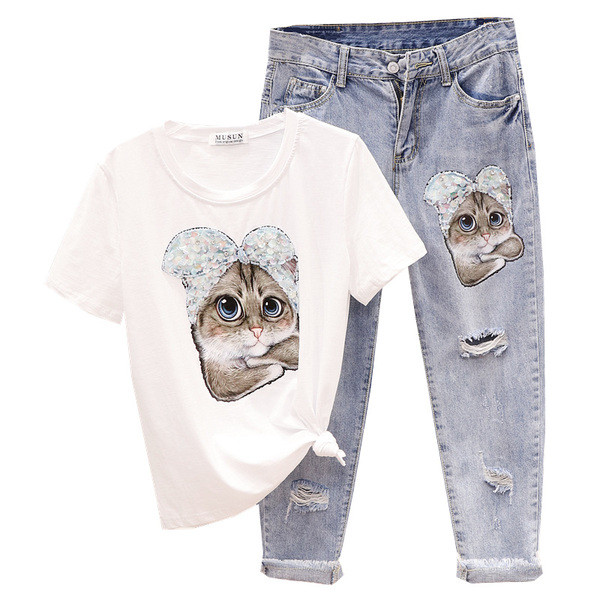 ÚJ modell női kétrészes hosszú farmer szett + rátéttel ellátott póló