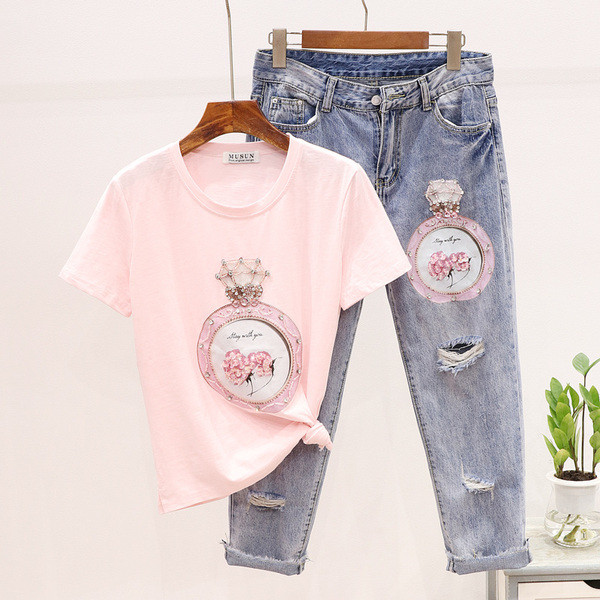 ΝΕΟ μοντέλο γυναικείο σετ από δύο μέρη T-shirt + μακρύ τζιν