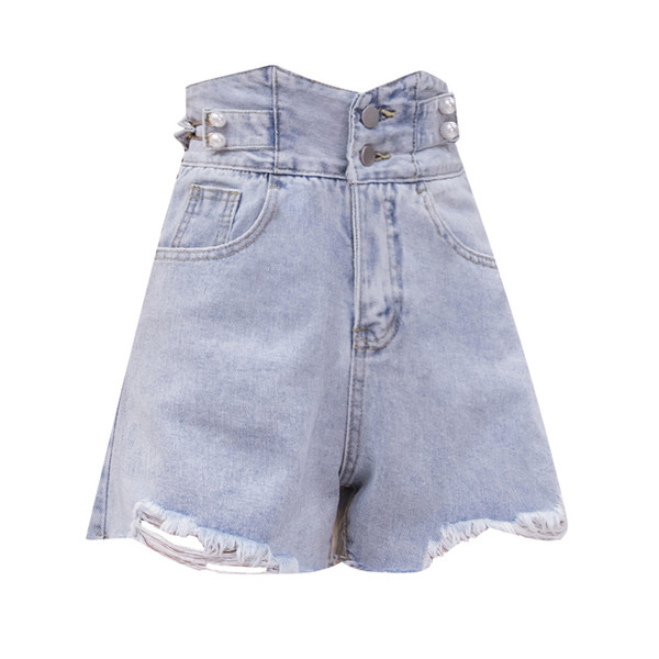 Női farmer rövidnadrág - magas derékkal, szakadt motívumokkal