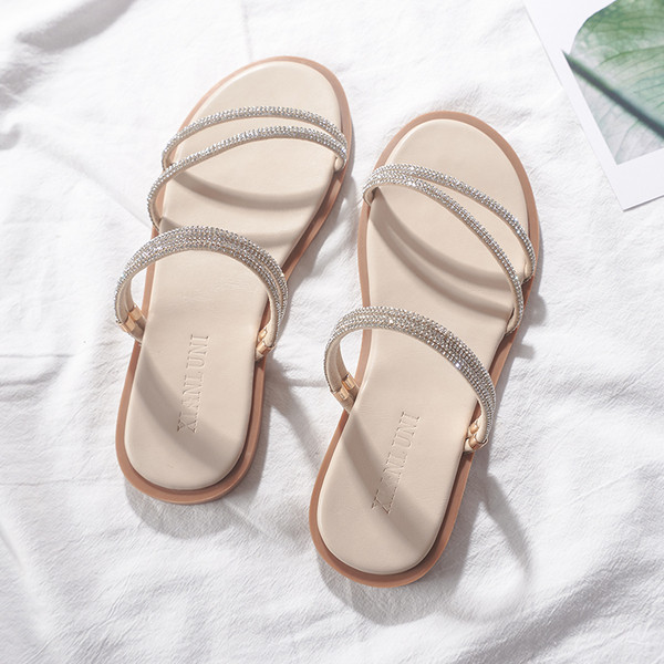 Ženske papuče sa kamenčićima i ravnim đonom u dvije boje