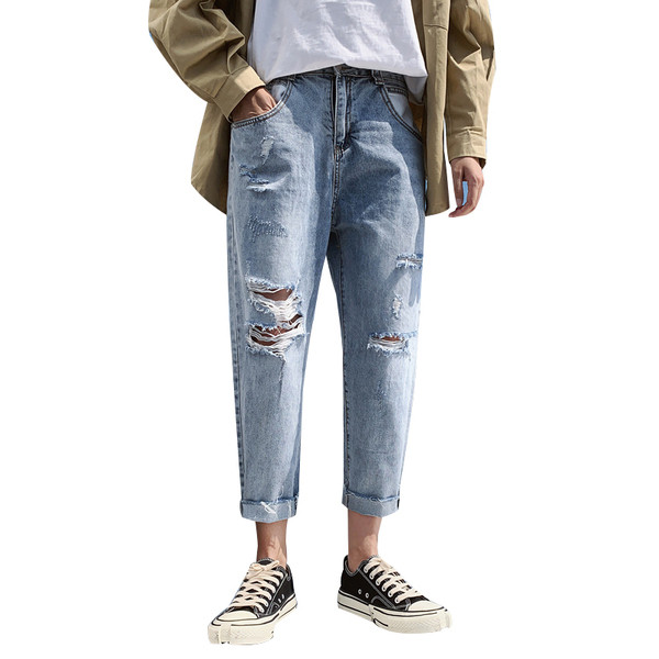 Alkalmi férfi farmernadrág szakadt gumival és zsebekkel