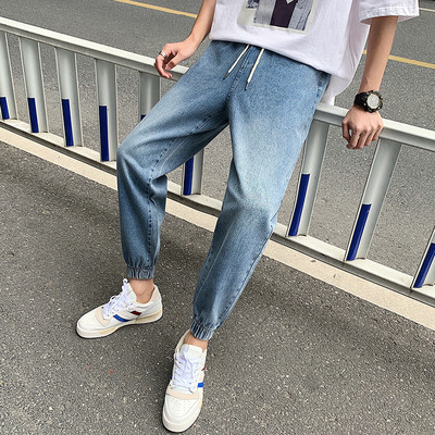 Ανδρικά τζιν με κορδόνια και λάστιχο στον αστράγαλο με μπλε χρώμα