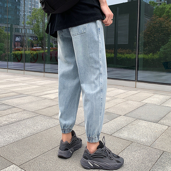 Ανδρικά τζιν με  κορδόνια και λάστιχο στον αστράγαλο με μπλε χρώμα