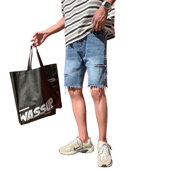 Kék színű, zsebes férfi alkalmi 3/4-es farmernadrág