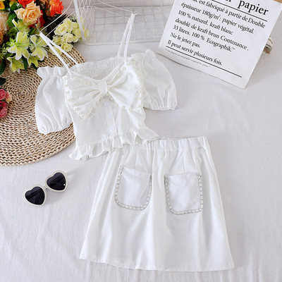 Μοντέρνο γυναικείο σετ - μπλούζα με κορδέλα και φούστα με ψηλή μέση