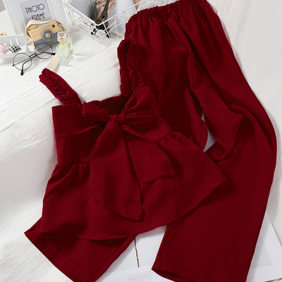 Γυναικείο σετ παντελόνι με ψηλή μέση και μπλούζα με κορδέλα